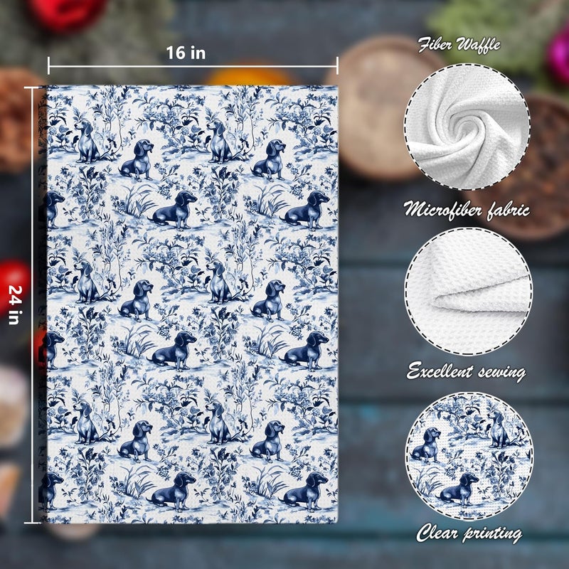 Nipil Chinoiserie Dachshund Kitchen Towels Set of 4,Blue and White Floral Botanical Dachshund Decorative Dish Tea Towels, Grandmillennial Weiner Dog Hand Towels for Kitchen Bathroom, 16x24 Inch - Image 2